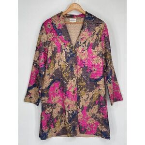 ABC Collection‎ Womens Jacket M-L Button Front Pink Floral Crinkle Coat Pockets